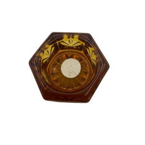 Amber Hexagon Glass Salt Celar Dish With Floral Etching